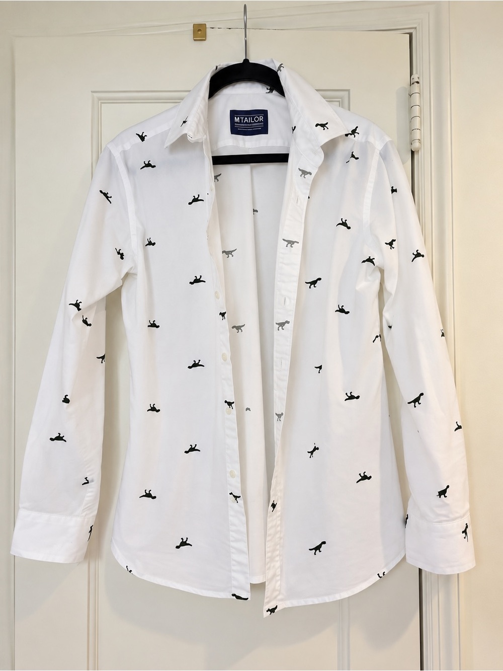 MTailor White Dinosaur Print Button Down Shirt Men’s Small Custom Fit Cotton
